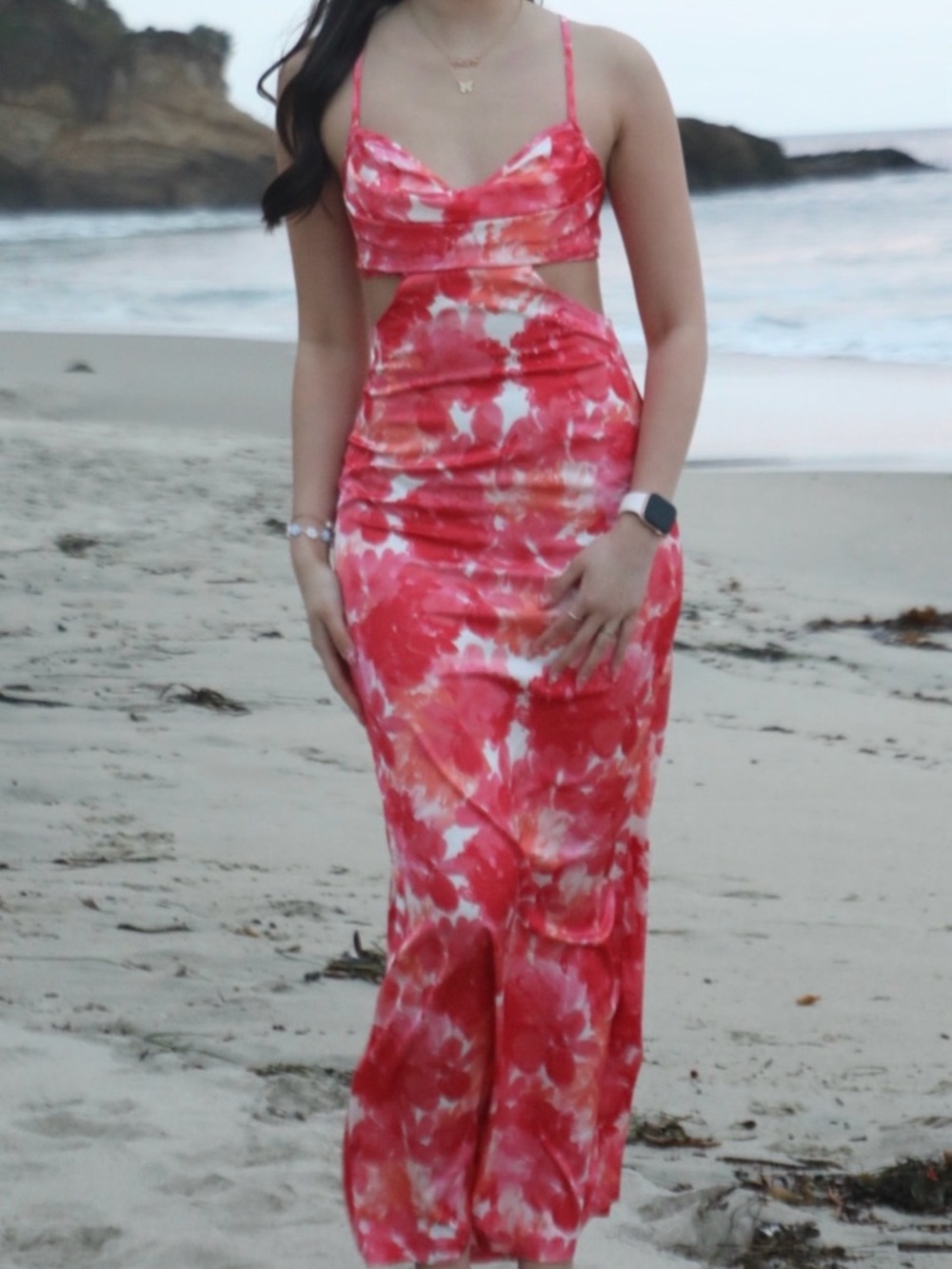 Red Tie-Dye Cutout Maxi Dress